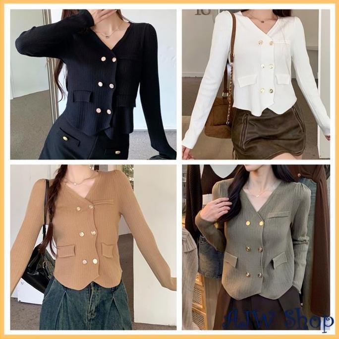 Lansungkirim- Ajw [Rca] Atasan Rajut Wanita Tweed Blazer Button Gold Variasi Kantong Knit Premium | 