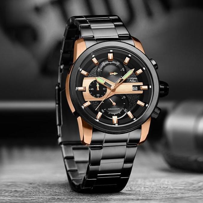 Cristiano Aillen Jam Tangan Pria Analog 8889 Rantai Stainless Steel Chronograph Kaca Sapphire Water 