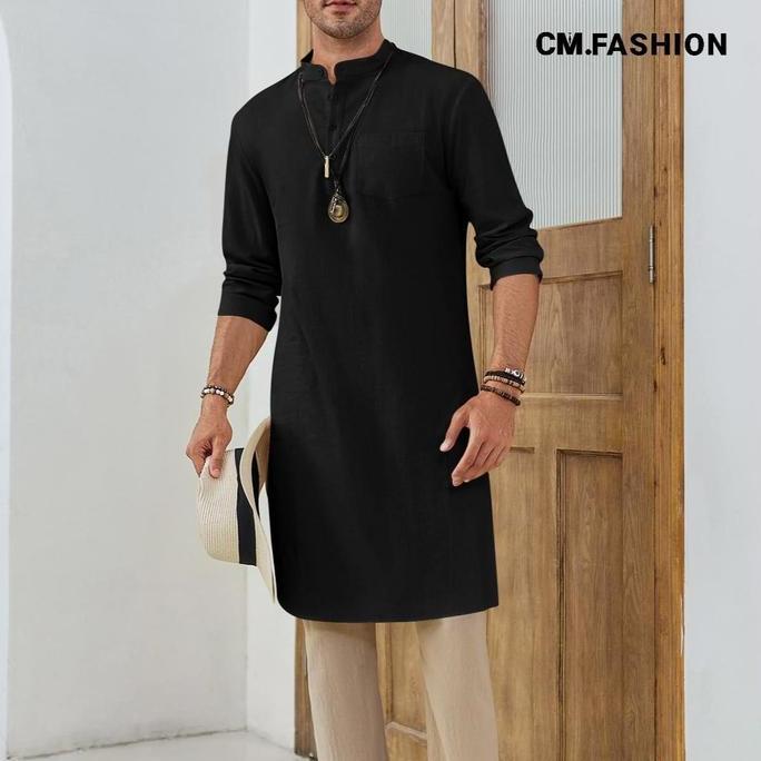 Bisnis jubah hitam COD Baju Koko Pria Jubah Panjang CMFASHION Jubah Pria Muslim Kancing Lengan Panja