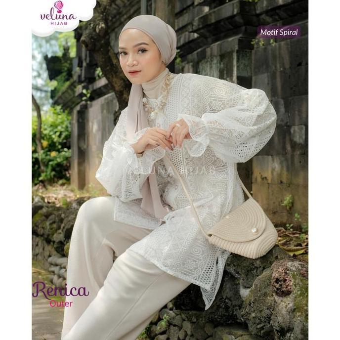 Veluna - Renica Outer - VHO111 - Kardan Brukat Putih Long Cardy - Black C TERBARU