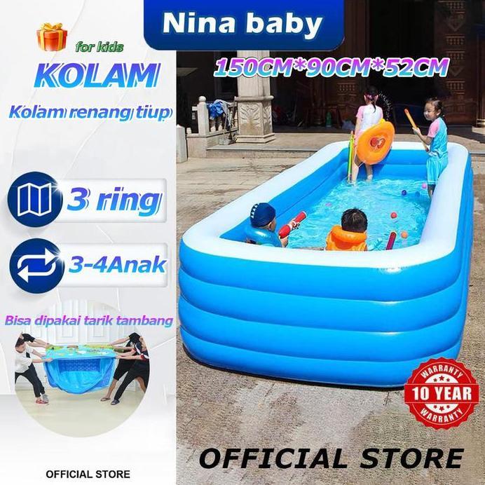 Cocok untuk 12 anakUsia 0~3 thnKolam Renang Anak Besar 3 Ring 150*105*50 cm Kolam Mandi Pompa Tiup I