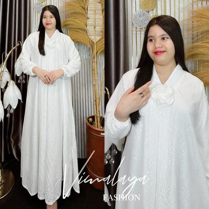 Gamis Brukat Tile Polos Putih Kartini A-Line Baju Muslim Vima 75385