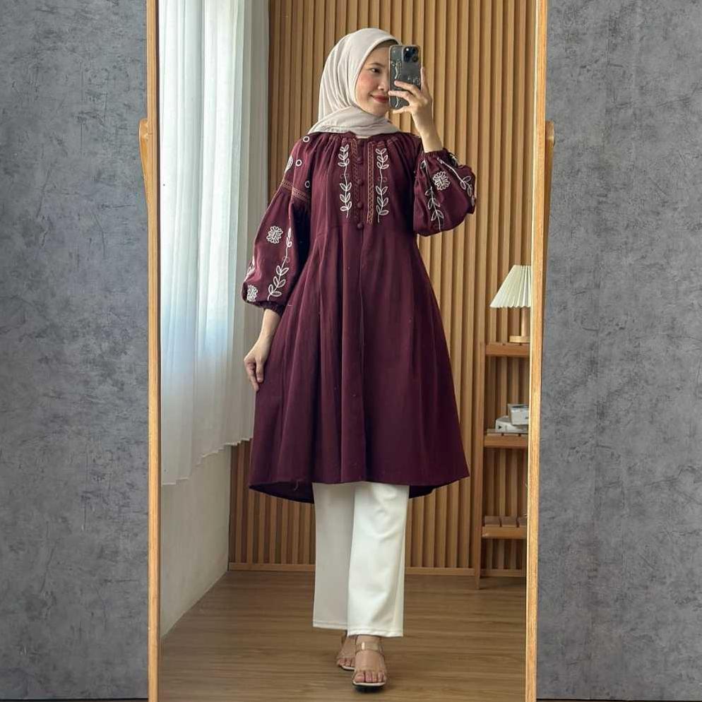 DISKON COD SAKURA TUNIK / TUNIK LINEN BORDIR ATASAN PREMIUM QUALITY WANITA PAKAIAN CASUAL MEWAH PERE