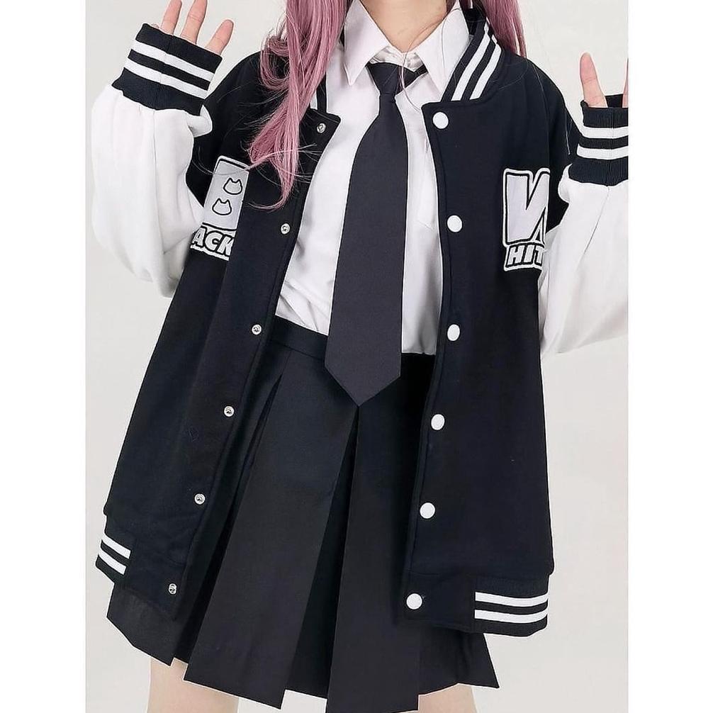 DISKON BLACK WHITE BASEBALL JAKET VARSITY WANITA | VARSITY JAKET KOREAN STYLE | BASEBALL JAKET