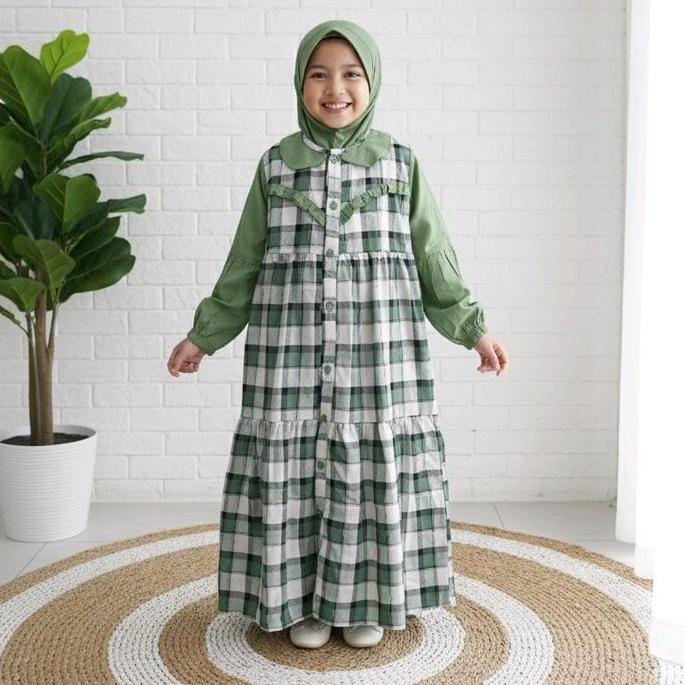 Gamis Anak Perempuan Free Hijab Motif Kotak/Gamis Anak Kekinian Bahan Catton Yanded/Gamis Anak Tangg