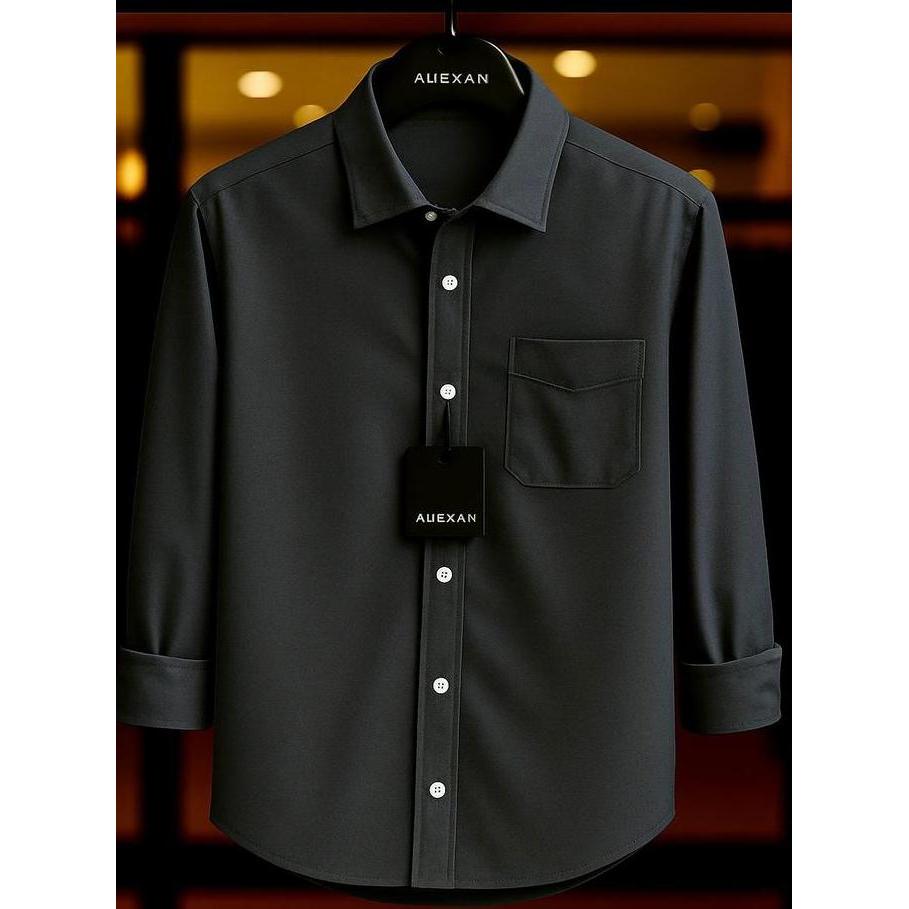 Termurah / Hot Sale Alisan Kemeja Formal Pria Polos Abu Tua Slimfit Lengan Panjang Berdasi Premium K