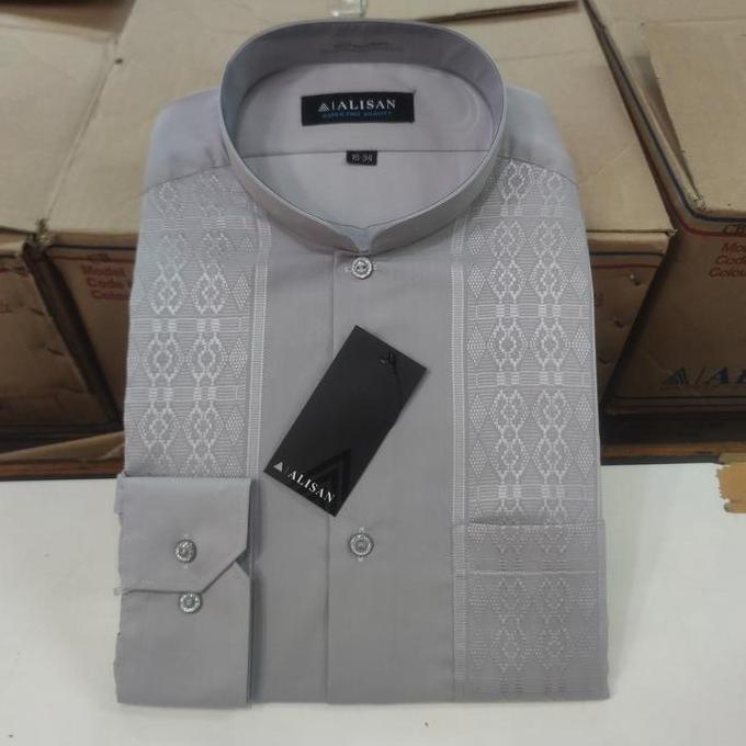 Kemeja Koko Bordir Abu Muda Lengan Panjang