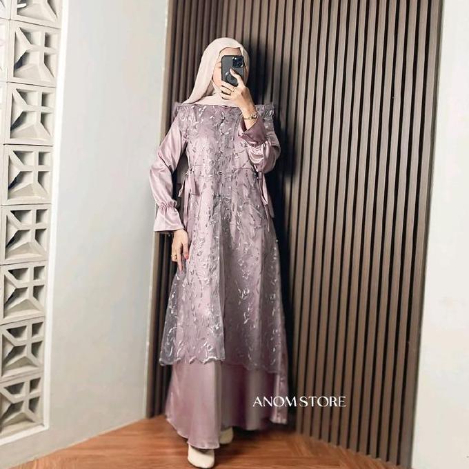 Jasmine Dress MAUVE - Satin Kombinasi Brokat Premium Gamis Kondangan / Bridesmaid / Lebaran 2026