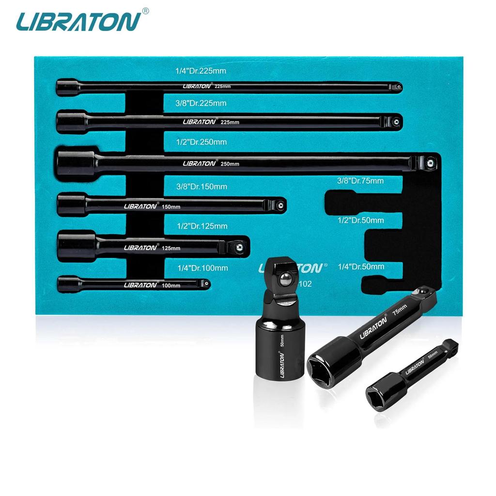 Libraton 9Pcs Wobble Socket Extensions Set, Ratchet Extensions 1/4" 3/8" 1/2", Wobble Extensions, Dr