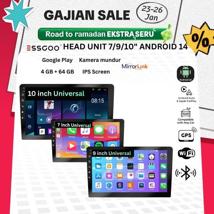 ESSGOO Head Unit Android 14 mobil 4G+64G  7/9/10 Inch 2 Din Kontrol Suhu Cerdas IPS Layer Mobil Navi