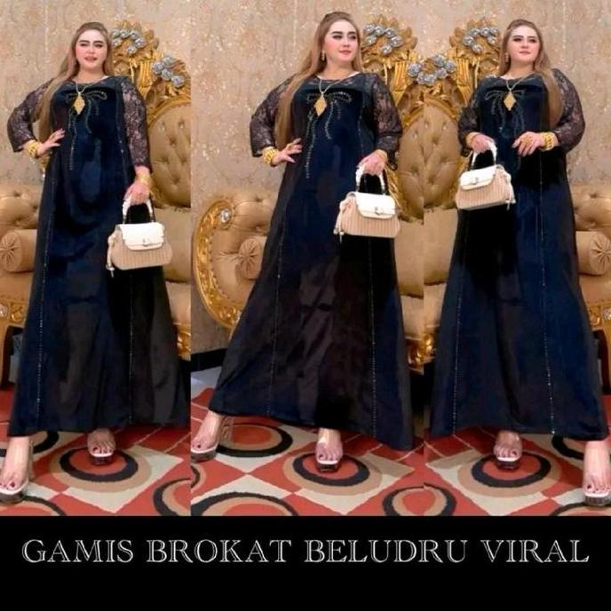 Gamis Jevani Beludru Elegan & Brukat Kombinasi, Lengan 7/8