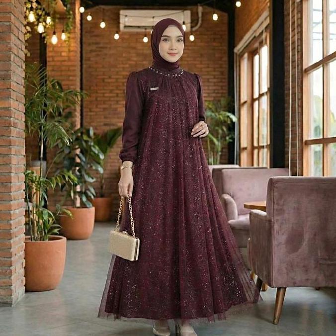 Debatik - Gamis Seline Tille Salju Mewah Elegan Warna Navy untuk Muslim Wanita Dewasa Dress Lebaran 
