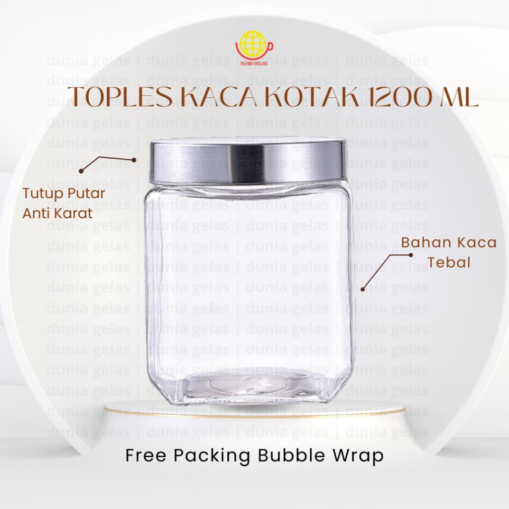 Toples Kaca Kotak 1200 ml/Toples Kacang/Toples Kaca 1,2 liter/Toples Nastar/Toples Lebaran/Hampers L