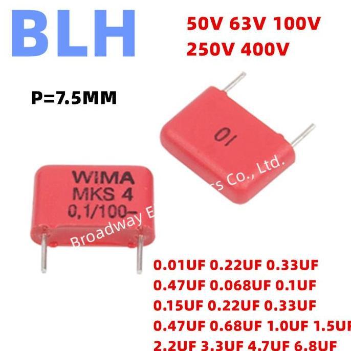2PCS WIMA RED MKS4 7.5MM Film Capacitor Hi-Fi Audio P7.5 50V 63V 100V 250V 400V 0.15UF 0.22UF 0.33UF