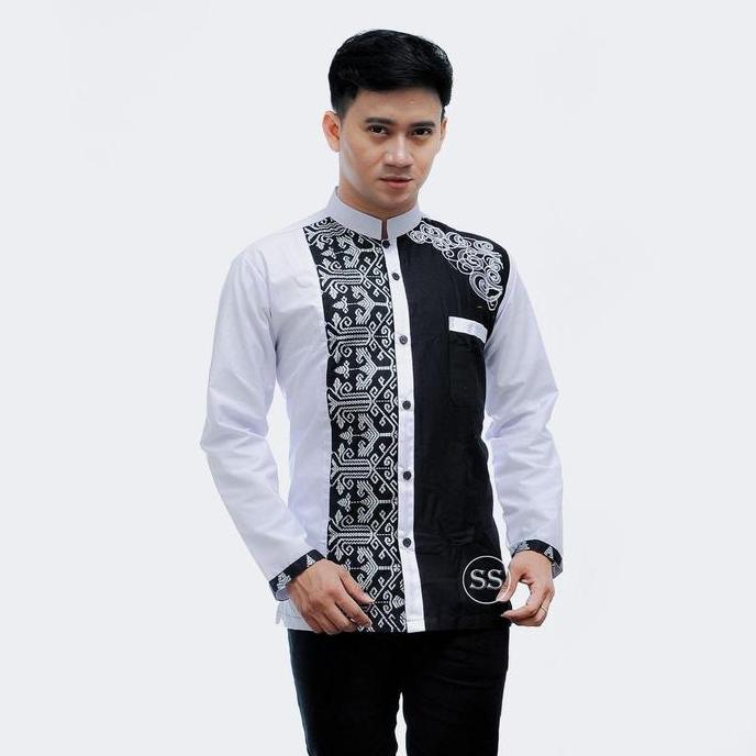 Baju Koko Pria Dewasa Terbaru Lengan Panjang Kombinasi Batik Muslim Bordir Formal Katun Mikro Nyaman
