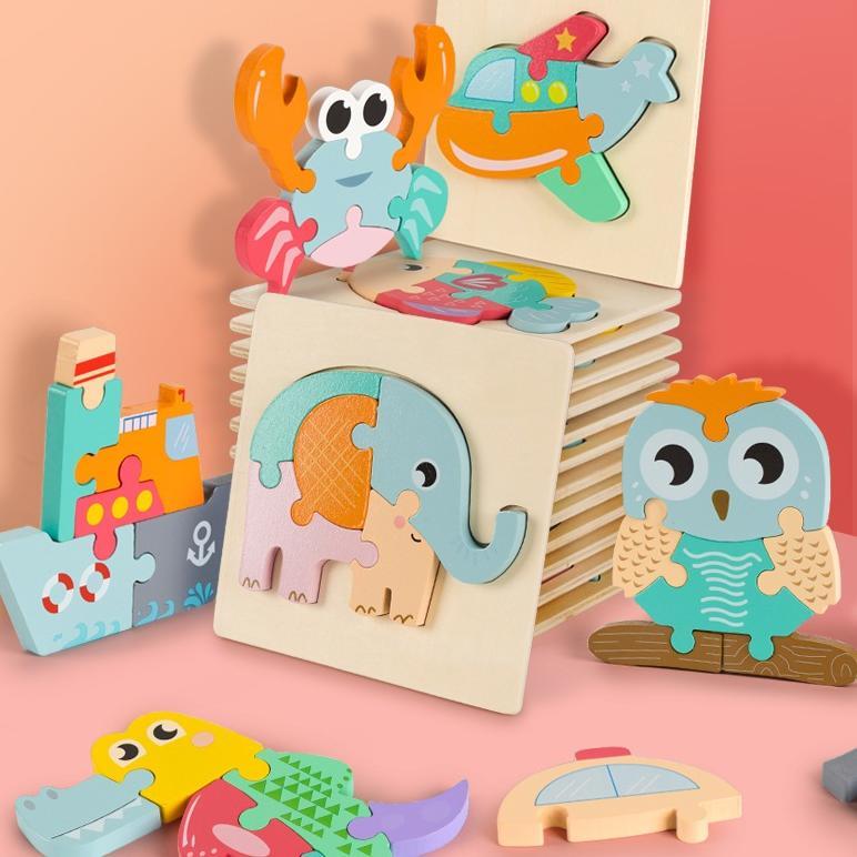 promo poptoys 15*15cm mainan anak puzzle balita mini 3d puzzle pastel kayu mainan edukasi anak