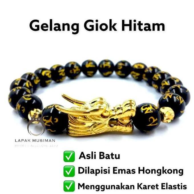 Gelang Pria Naga Giok Hitam Kombinasi Mantra Budha