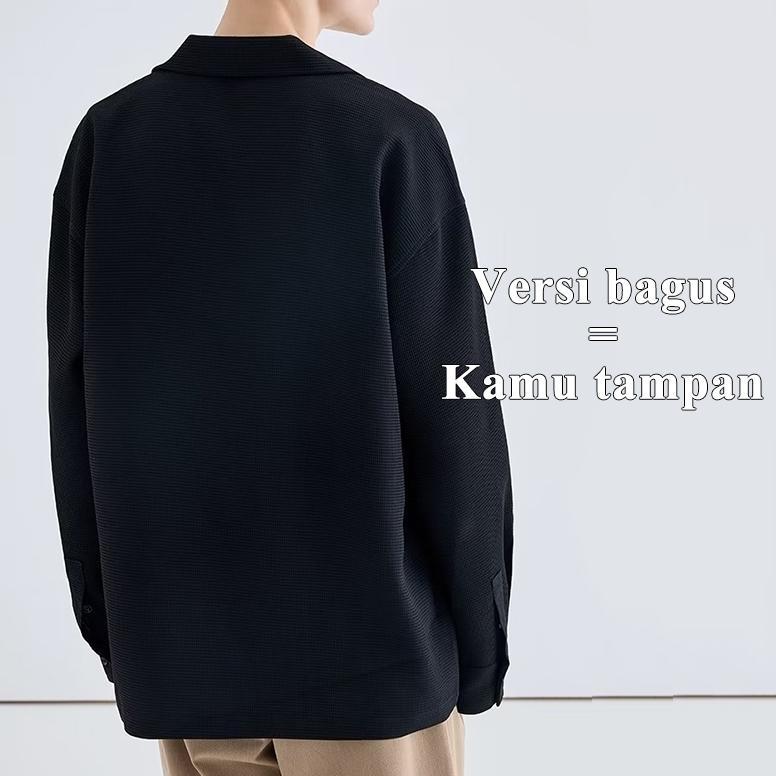 CUCI GUDANG KEMEJA PRIA OVERSIZE V NECK KEMEJA HITAM LENGAN PANJANG PRIA DESAIN BORDIR DAUN BAMBU KA