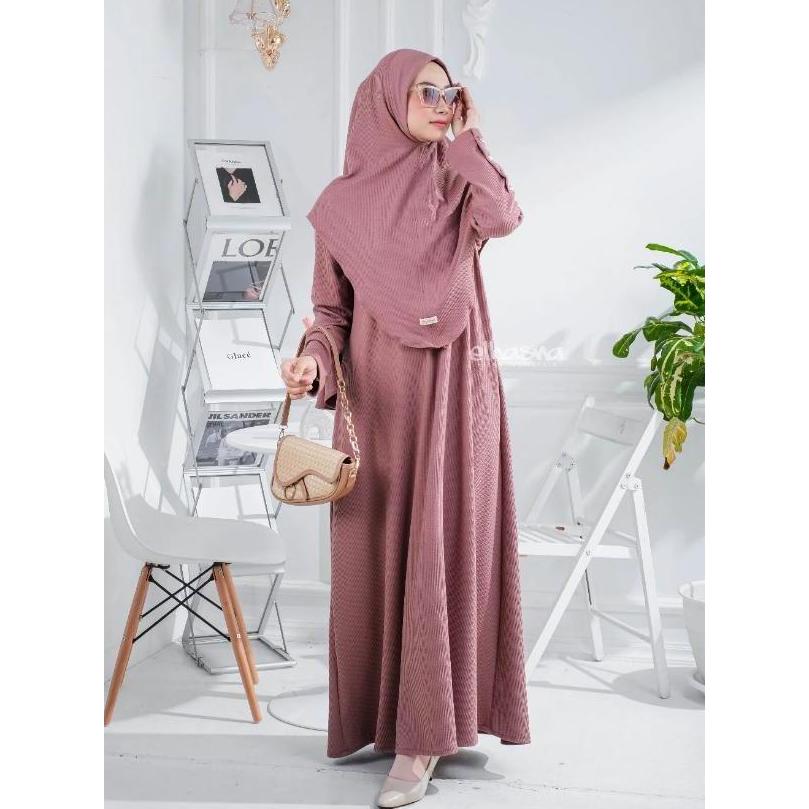Inayah Gamis set khimar syari by Amerta Hijab matt Caramel Knit Premium - gamis resleting zipper dep