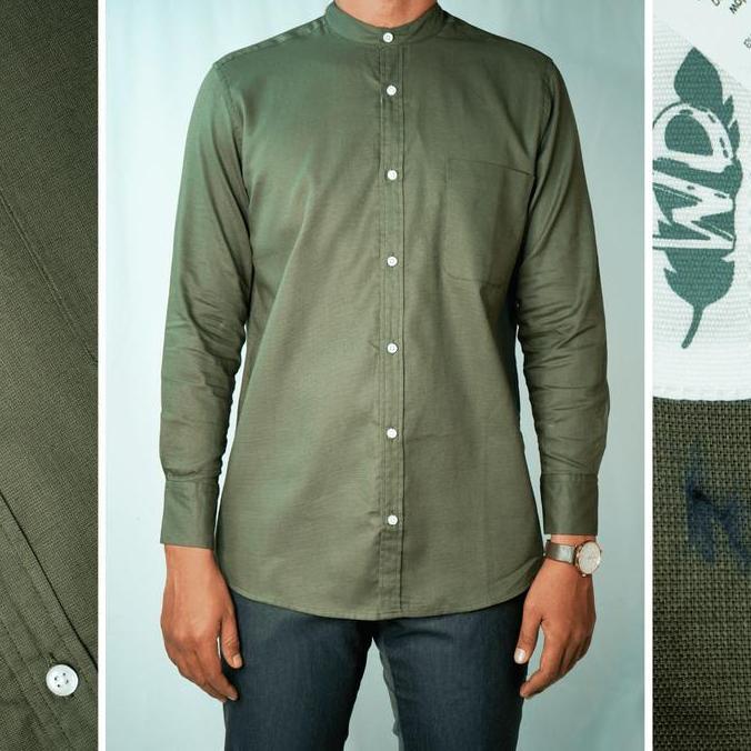 WD & Co. Baju Koko Pria Lengan Panjang Hijau Olive/Olive Green Polos