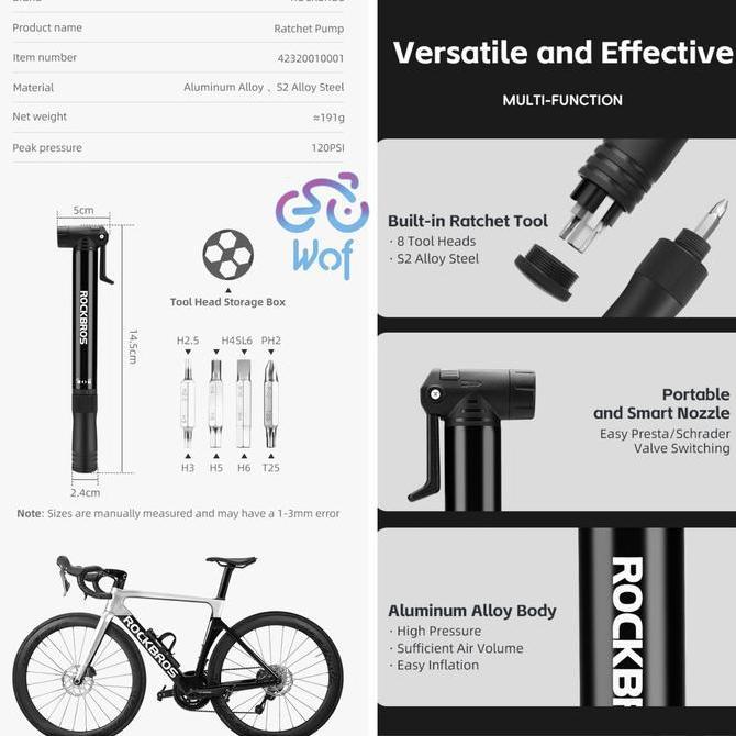 ROCKBROS TG-1616 Pompa Sepeda Portabel 120 PSI Bicycle Ratchet Pump Original