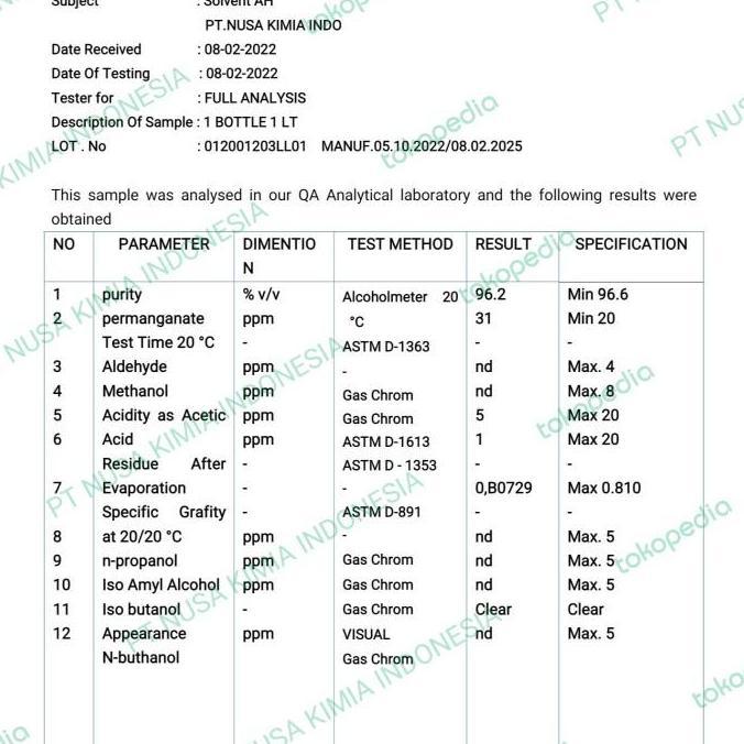 Medkit- Alkohol Food Grade Chemical 5 Liter 96% Solvent/Alkohol Food Grade 96% 5 Liter Pelarut Parfu