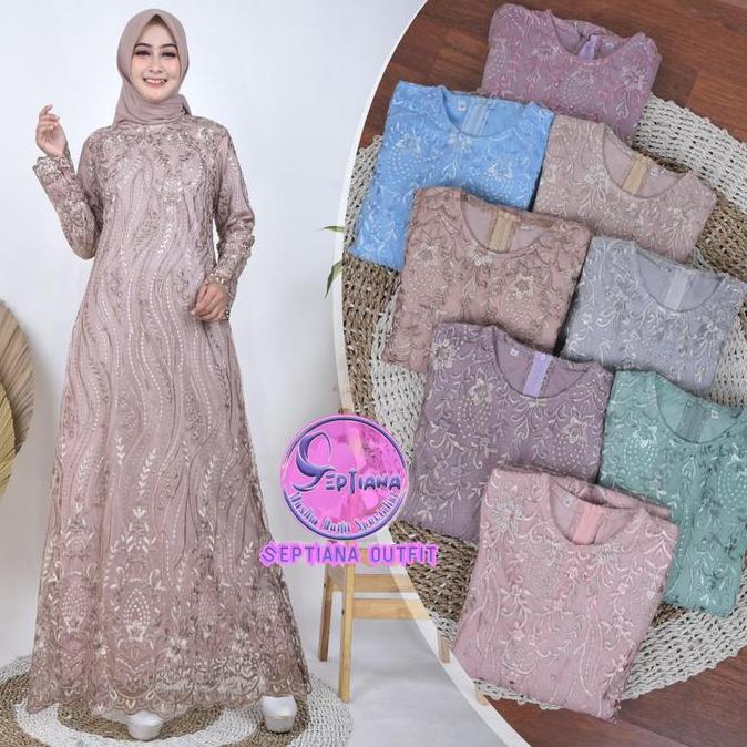 Septiana- Gamis Brukat Tile Mutiara Motif Akar Dress Burkat Tile Kondangan Elegan Simple Maxi Mewah 