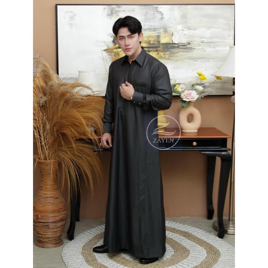 FREE ONGKIR JUBAH SLIMFIT PRIA GAMIS PRIA SLIMFIT JUBAH WOOL ZAYEN HITAM KERAH DAUN KERAH KEMEJA JUB