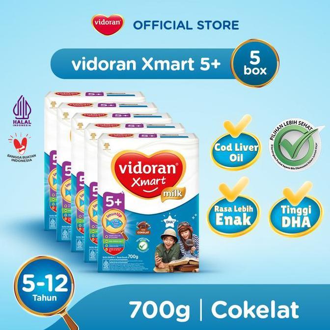 Lansungkirim- Vidoran Xmart 5+ Coklat 700Gr Susu Anak 5 Tahun Ke Atas - 5 Box (Bubuk) - Exp : 01.202