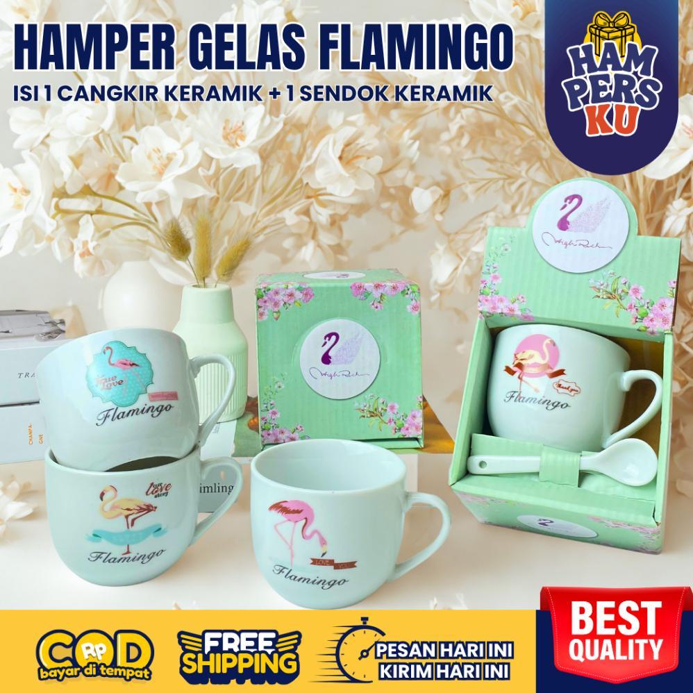 BEST SELLER HAMPERS GELAS KOPI KERAMIK SET SENDOK MOTIF FLAMINGO COUPLE SOUVENIR CANGKIR ELEGAN ACAR