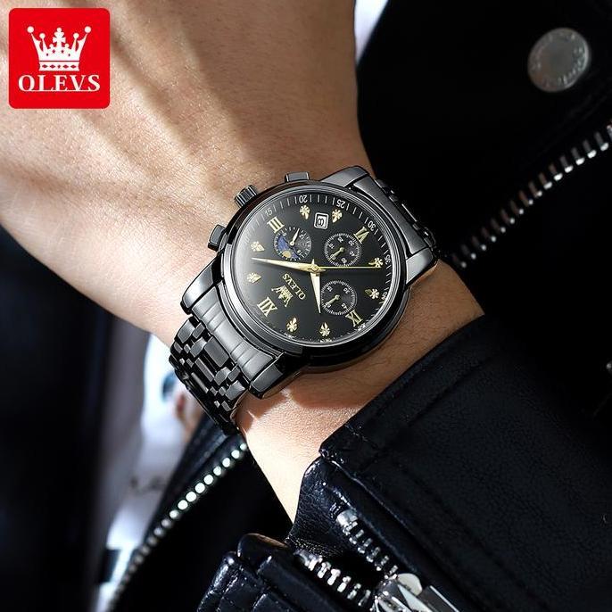 OLEVS Jam Tangan Pria Original Anti Air Tahan Led Sport Analog Chronograph Stainless Steel Watches M