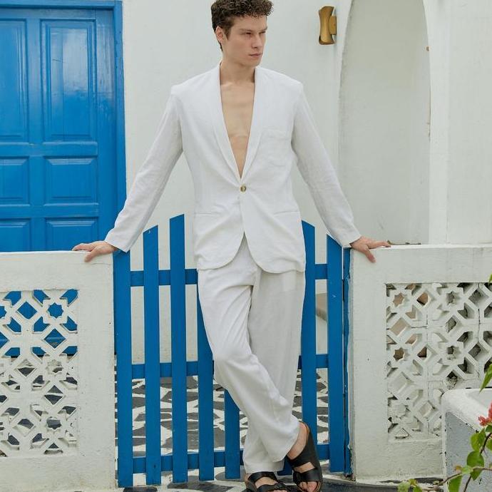 REMEDY Outer Linen Set Pria Panjang Putih - Salt Blazer Set