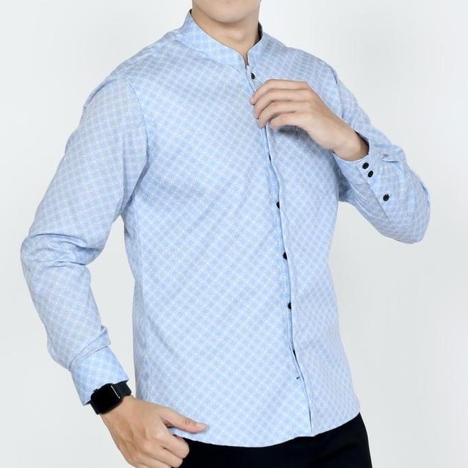 Baju Koko Muslim Kemeja Batik Pria Lengan Panjang Slim Fit Furing ICE BLUE BIRU LANGIT Hem Lebaran K