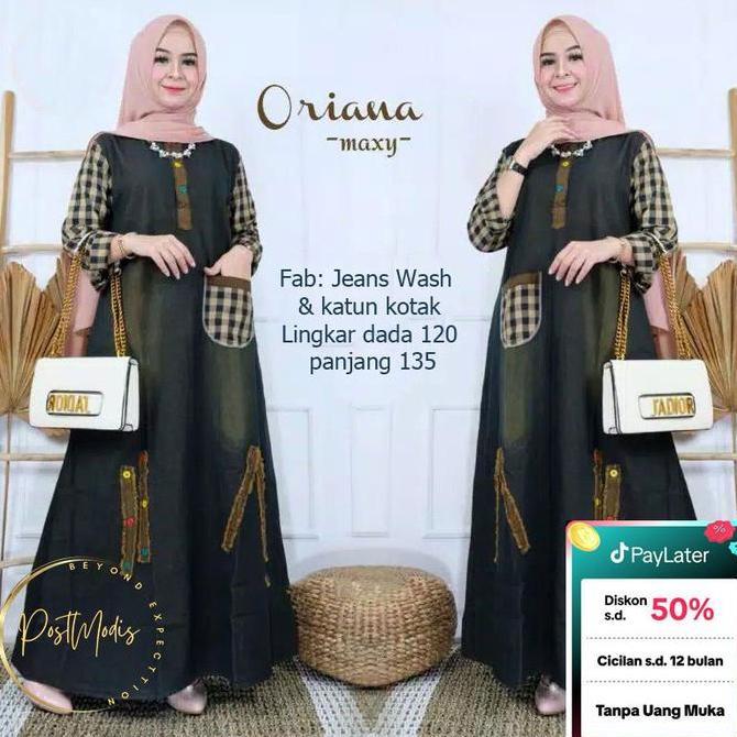 Bergaransi Oriana Maxy Jeans Kombinasi Katun Kotak Gamis Jumbo Kancing Dress Wanita Muslim Panjang