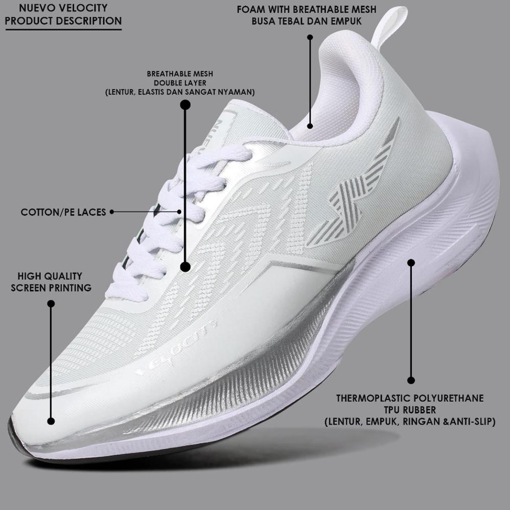 PROMO NUEVO - Sepatu Lari Pria Nuevo Velocity Putih Silver Olahraga Running Cowok Ringan