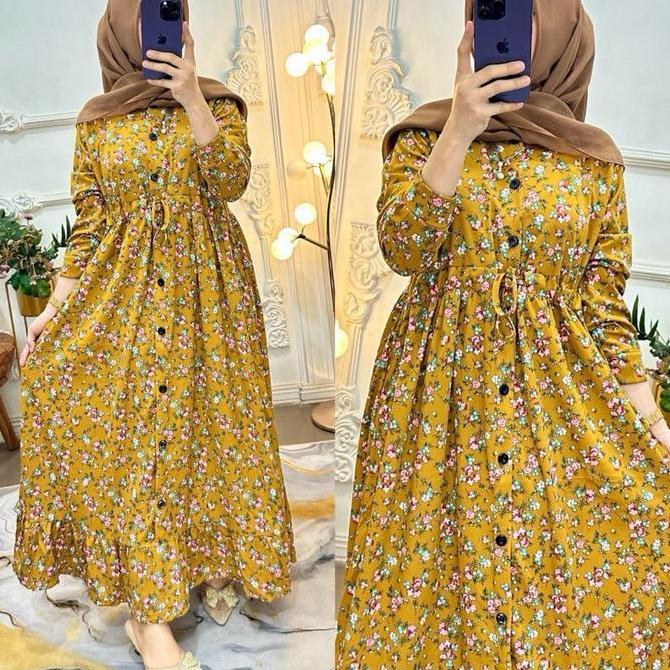 Termurah  Gamis Serut Motif Kancing Muslimah Panjang Wanita Rempel Busui Dress Mewah Lebaran