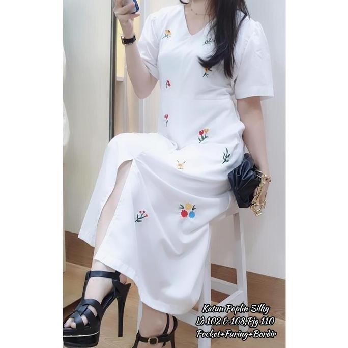 DR229 >> Dress Wanita - Dress Putih - Dress Katun - Midi Dress Bordir - Dress korea casual Formal