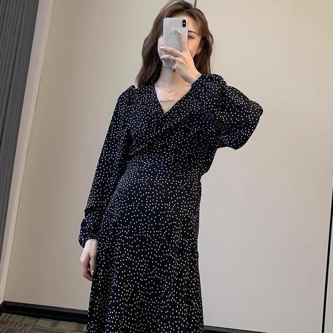 DV316 - Gaun panjang gamis kimono Long dress polkadot v neck