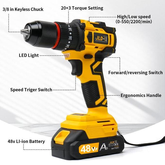JLD-IIBrushless Mesin Bor Listrik 13MM Cordless Drill Set Heavy Duty Drill Bits Screwdriver Impact D