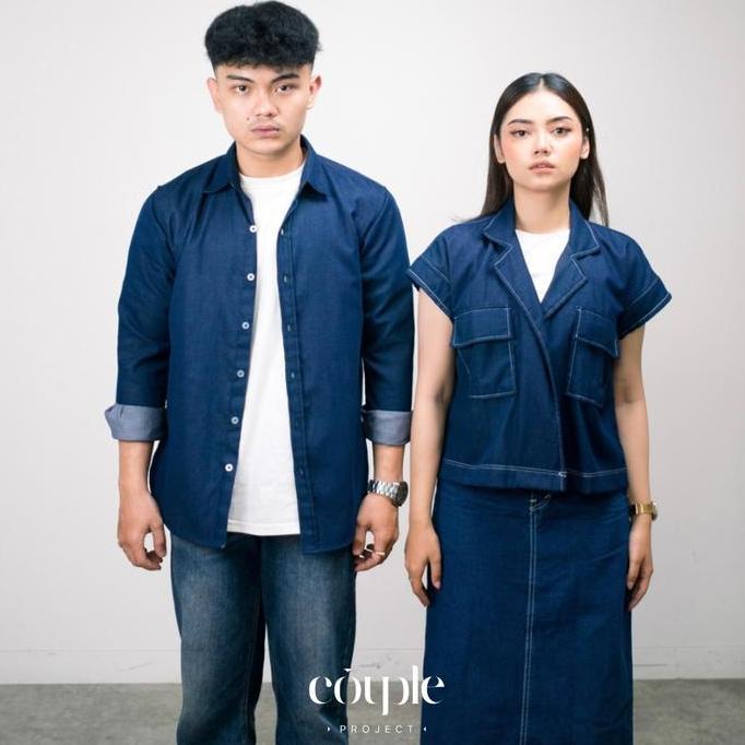 Couple Project - Denim Couple Set Baju Pasangan Cewek Cowok Kemeja Panjang dan Vest Denim Wanita Sof