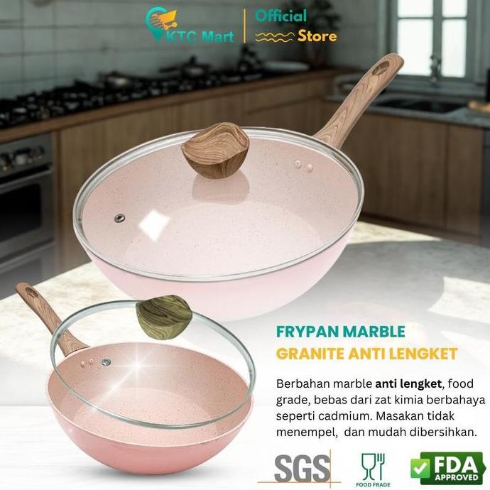 Oblerome - Deep Pan Marble Granite 28 Cm + Tutup Kaca Wok Pan Granite| Premium Cookware Co