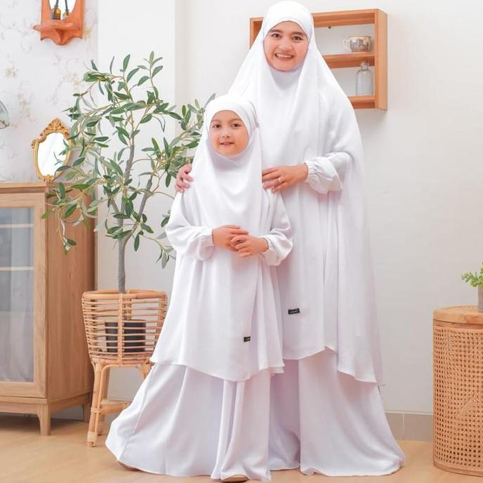 Malano Style - Gamis Abaya Couple Ibu Anak Khimar Instan Motif Putih Baju Dewasa Mom Fashion Muslim 