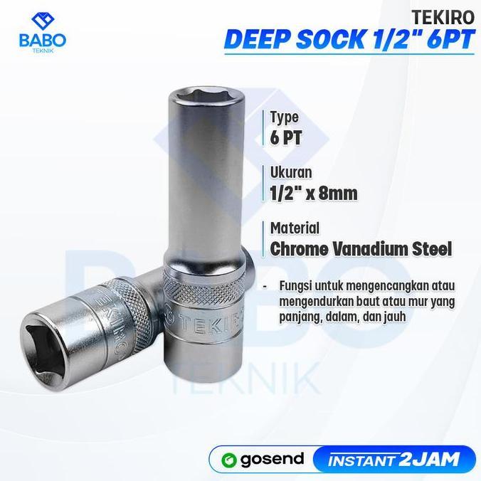 TEKIRO Mata Sok 8 mm Panjang Deep wall Socket 1/2 6 PT Mata Kunci Shock 8 mm Mata Sock Panjang 8 mm 