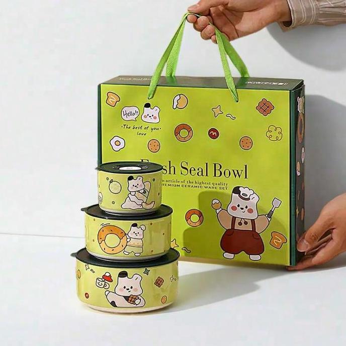 TOKOBOEJANG77 - THREE PIECE SET SEALED BOWL INSTANT NOODLE BOWL SET GIFT MICROWAVE / 3 PCS SET MANGK