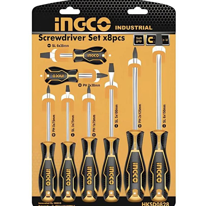 LOMARASHOP INGCO Obeng Set 8-Pc GG Karet Screwdriver Obeng Plus Minus HKSD0828 Bahan CR-V Pisau Bund