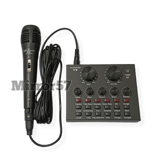 Raden_Stroom - Satu Paket Alat Karaoke Mixer Mini Soundcard V8 2 Mic Spliter