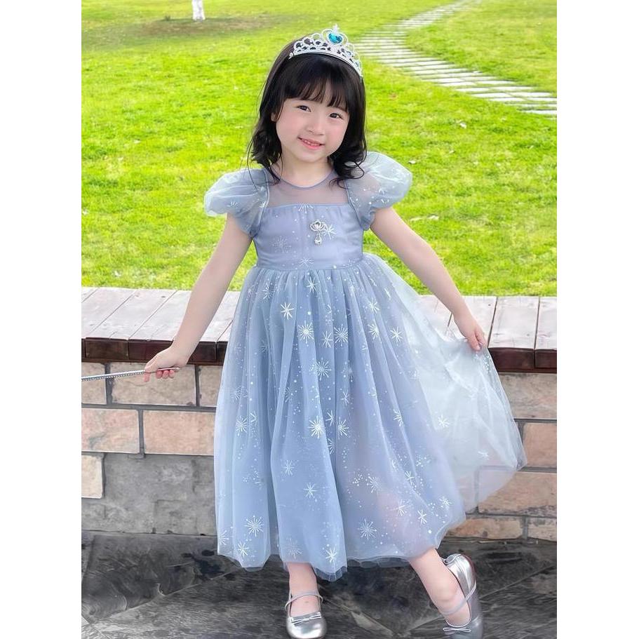 [Enchanted Princess]  2-12 tahun Gaun putri Elsa untuk anak perempuan musim panas baru gaun lengan p