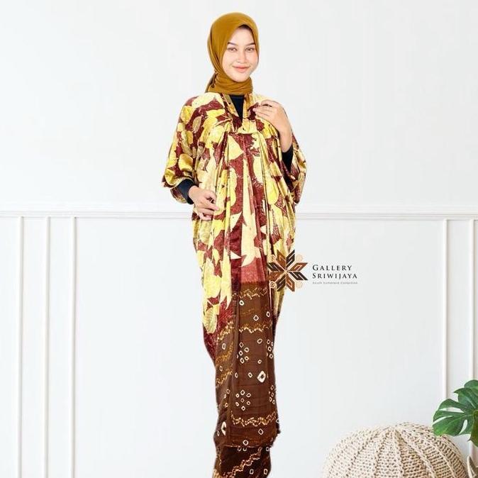 KAFTAN DAN GAMIS ECOPRINT SEMI SUTRA HANDMADE BATIK JUMPUTAN PALEMBANG