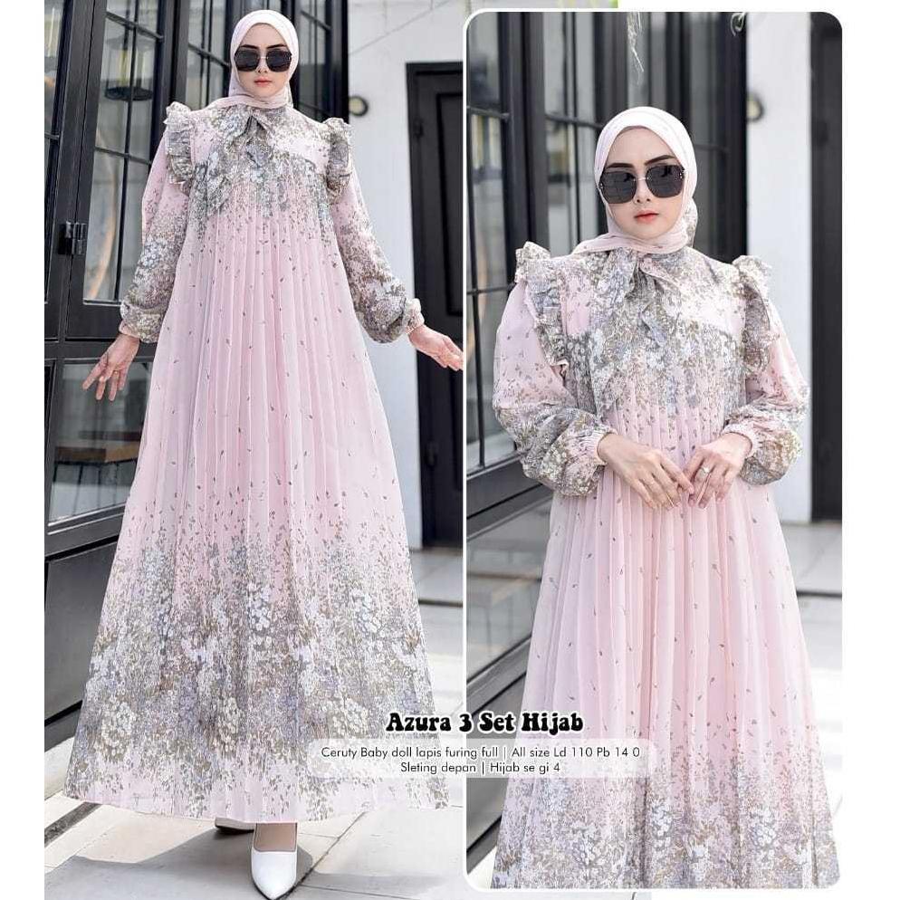 FAVORIT AZURA 3 SET HIJAB SEGI4 / GAMIS DRESS PLISKET / GAMIS WANITA KEKINIAN / TERBARU