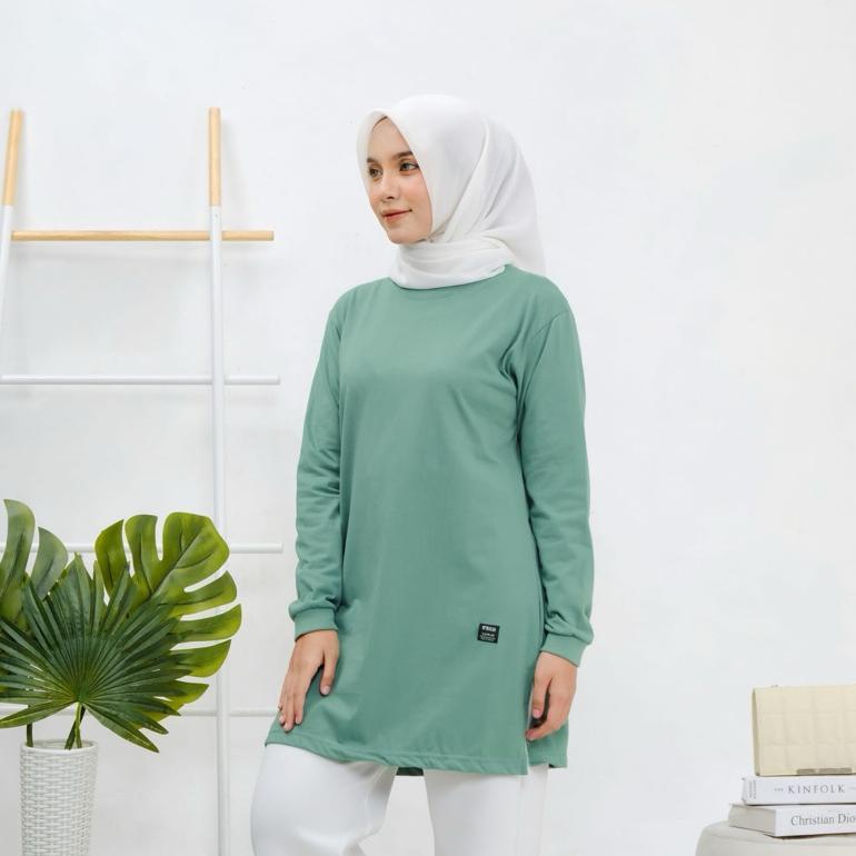 PREMIUM Kaos tunic lengan panjang,Baju Tunic Wanita terkini,Tunic Lengan Panjang Wanita sage green,T